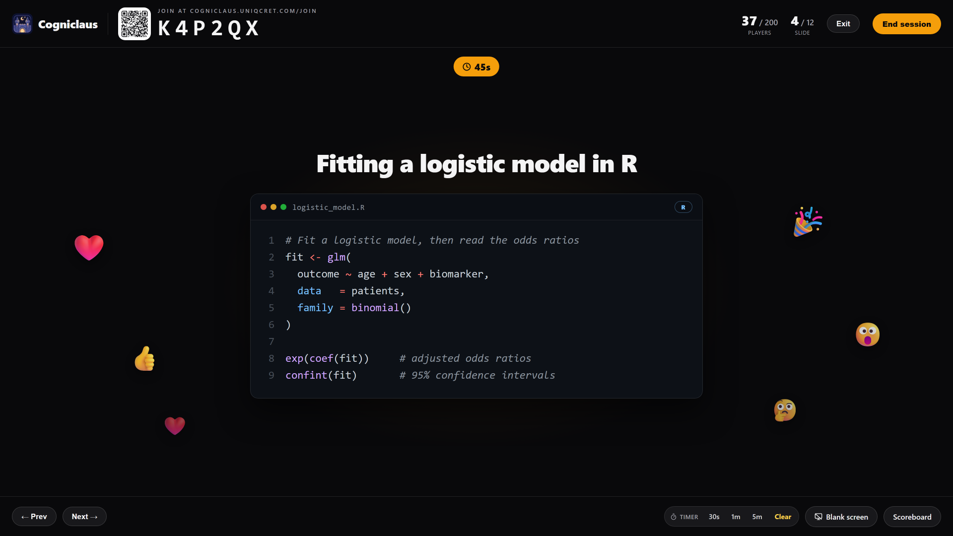 Cogniclaus deck editor: the live slide builder open with a code block on a slide, ready to run as a live classroom room