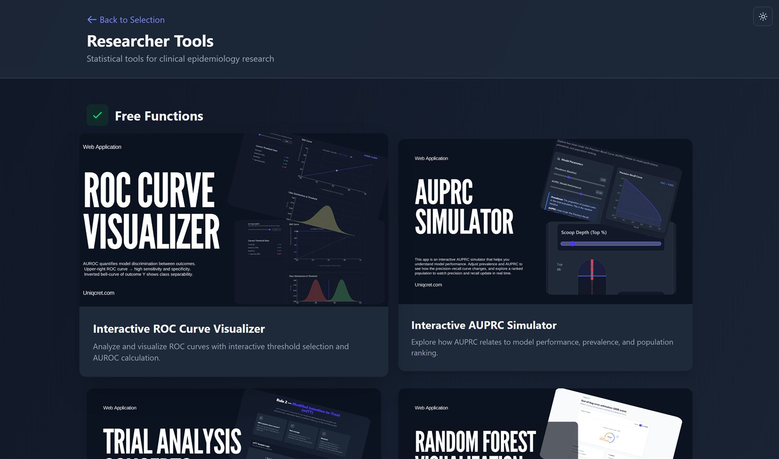 The Researcher Tools grid: interactive ROC curve, AUPRC and trial-analysis visualizers, free functions marked